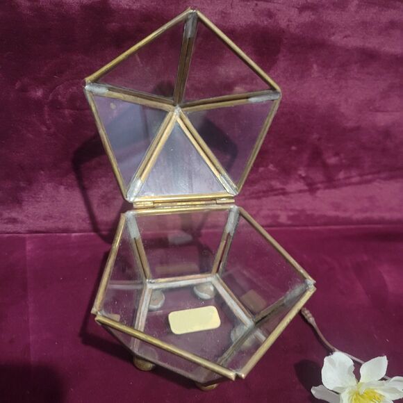 Vintage Glass & Brass Pentagon Trinket Box With Lid Jewelry Display Case 5 Side - Picture 3 of 12